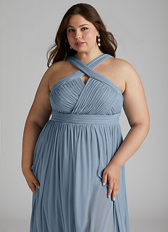 Azazie Hillian At-home Try On Dresses Agave A-Line Halter Pleated Mesh Dress image13