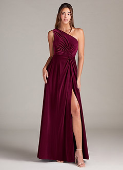 Azazie Brooke Bridesmaid Dresses Cabernet A-Line One Shoulder Velvet Dress image1