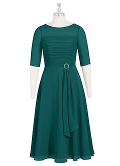 Azazie Naomi Kleider für die Brautmutter A-Linie Bootshals Gefaltet Chiffon Kleid Pfau image7