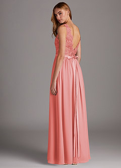 Azazie Elly Robes de demoiselle d'honneur Robe Trapèze en Mousseline de soie Encolure dégagée en dentelle Corail image5
