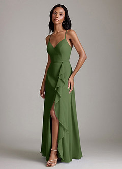 Azazie Naeem Bridesmaid Dresses Olive A-Line V-Neck Ruffle Chiffon Dress image5