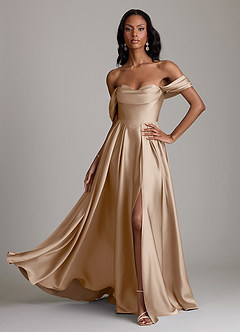 Azazie Loisa Abiti da Damigella Abito A-Line in Raso Elasticizzato a Spalla Scoperta Taupe image1