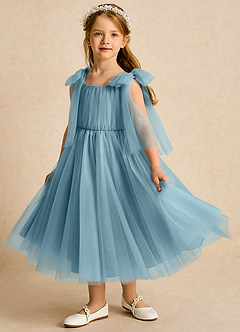 Azazie Dori Robe Demoiselle D'honneur Fillette Robe Trapèze en Tulle Rayé Bleu Maussade image5