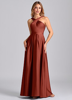 Azazie Dixie 신부 들러리 드레스 A라인 주름진 스트레치 새틴 바닥 길이 드레스 image4