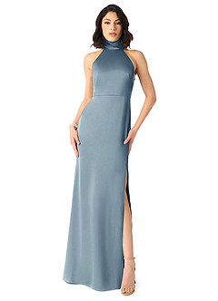 Azazie x Delaney Bridesmaid Dresses Dusty Blue Sheath High Neck Stretch Satin Dress image1