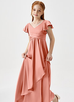 Azazie Omari Junior Coral A-Line Pleated Stretch Satin Dress image6