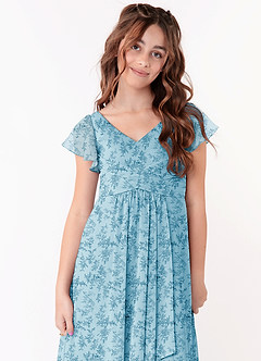 Azazie Omari Junior Blue Fern Floral A-Line Ruched Chiffon Dress image4