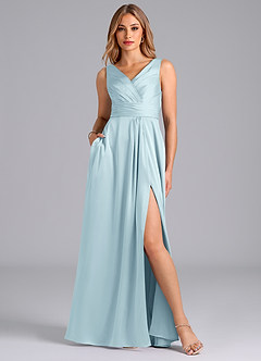 Azazie Karina Bridesmaid Dresses Cloud Blue A-Line Pleated Stretch Satin Dress image1