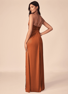 Azazie Aqua Bridesmaid Dresses Cinnamon A-Line V-Neck Pleated Stretch Satin Dress image4