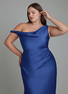 Azazie Emerson Vestidos de madrinha de casamento Vestido Royal Blue de Cetim elástico de sereia com Ombros Caídos image12