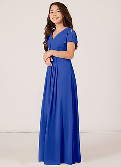 Azazie Peony Junior Robe Trapèze en Mousseline de soie Plissée Bleu Roi image3