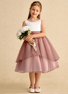 Azazie Rene vestidos de niña de las flores Vestido de Marfil Rosa De Cedro de Tul de Corte En A con Lazo image3