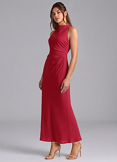 Azazie Evadne Bridesmaid Dresses Scarlet Sheath Pleated Chiffon Dress image1