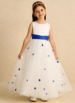 Azazie Cricket Flower Girl Dresses Ivory Royal Blue Ball-Gown Pleated Matte Satin Dress image1