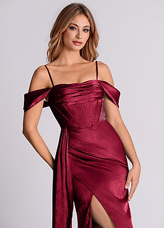 Azazie Amyra 신부 들러리 드레스 인어 오프 더 숄더 자카드 바닥 길이 드레스 image2