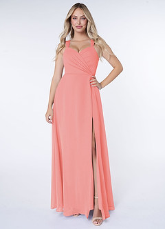 Azazie Nahrin Brudtärnklänningar Klänning av A-Line i Chiffong V-ringad plisserad Korall image1