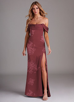 Azazie Saige Bridesmaid Dresses Burgundy Floral Bouquet Sheath Off the Shoulder Stretch Satin Dress image3