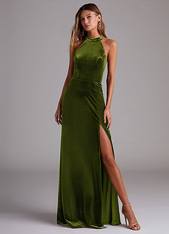 Azazie Larice Bridesmaid Dresses Olive A-Line with Pockets Velvet Dress image4