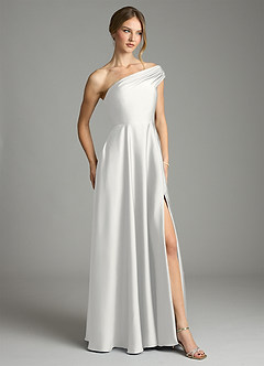 Azazie Melanie Vestidos de damas de honor Vestido de Blanco de Satén Elástico de Corte en A con Vestidos sin tirantes image5