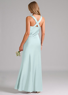 Azazie Kamila Bridesmaid Dresses Sea Glass A-Line Pleated Stretch Satin Dress image2