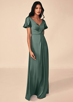 Azazie Soren Bridesmaid Dresses Sea Moss A-Line Pleated Stretch Satin Dress image4