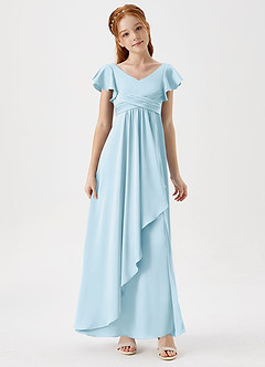 Azazie Omari Junior Sky Blue A-Line Pleated Stretch Satin Dress image3