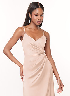 Azazie Maci Bridesmaid Dresses Blushing Pink A-Line V-Neck Pleated Stretch Satin Dress image5