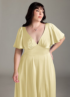 Azazie Kimber Bridesmaid Dresses Lemon Sorbet A-Line Ruched Stretch Satin Dress image11
