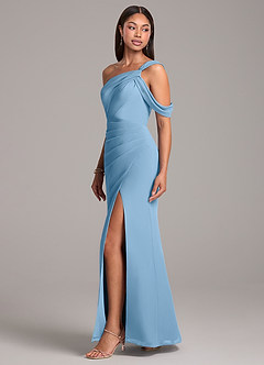 Azazie Wynter Jurken voor bruidsmeisjes Jurk van Chiffon met Kolom Off the Shoulder Staal Blauw image3