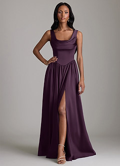 Azazie Novi Bridesmaid Dresses Plum A-Line with Pockets Stretch Satin Dress image1