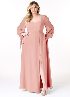 Azazie Leonia Bridesmaid Dresses Rosette A-Line Long Sleeve Chiffon Dress image4