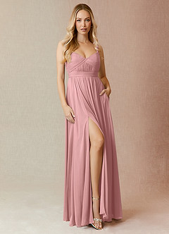 Azazie Reniya Vestidos de damas de honor Vestido de Rosa Polvorienta de Malla de Corte en A Convertible con Plisado image4