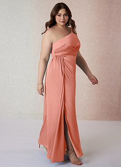Azazie Mika Bridesmaid Dresses Coral Sheath One Shoulder Stretch Satin Dress image10