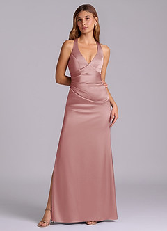 Azazie Amelie Abiti da Damigella Abito A-Line in Raso Elasticizzato Plissettato Rosa Polverosa image4