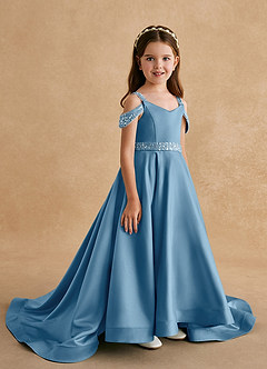 Azazie Jodi vestidos de niña de las flores Vestido de Azul Acero de Satin Mate de Corte En A image3