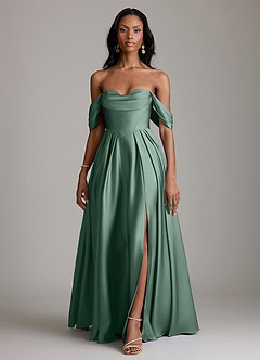 Azazie Loisa Abiti da Damigella Abito A-Line in Raso Elasticizzato a Spalla Scoperta Eucalipto image7
