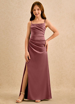 Azazie Cannoli Girls Formal Vestidos de florista Vestido Ametista de Cetim elástico de Linha A com Plissado image3