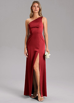 Azazie Phaedra Bridesmaid Dresses Scarlet A-Line One Shoulder Stretch Satin Dress image9