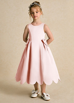 Azazie Macaroon Flower Girl Dresses Blushing Pink Ball-Gown Bow Matte Satin Dress image4