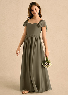 Azazie Patsy Girls Formal Robe Demoiselle D'honneur Fillette Robe Trapèze en Mousseline de soie Décolleté en cœur Vert Saule image5