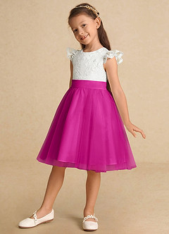 Azazie Vetty Flower Girl Dresses Ivory Fuchsia A-Line Lace Tulle Dress image3