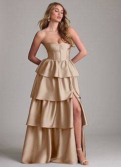 Azazie Faye Bridesmaid Dresses Taupe A-Line Ruched Stretch Satin Dress image4