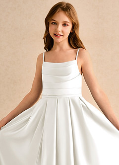 Azazie Reia Junior Formal Jurken voor bloemenmeisjes A-Lijn Jurk van Mat Satijn Geplooid Ivoor image6