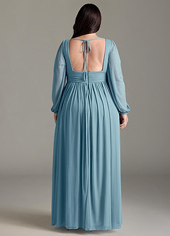 Azazie Norah Bridesmaid Dresses Moody Blue A-Line V-Neck Long Sleeve Chiffon Dress image7