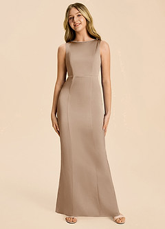 Azazie Emi Junior Taupe Sheath Bow Stretch Satin Dress image6