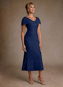 Azazie Aguilas Klänningar till brudens mor Klä Sjöjungfru i Blommig Jacquard Av axeln Mörkblå Jacquard image4