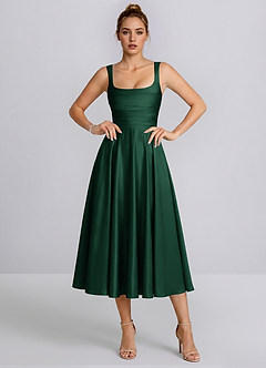 Ines Emerald Green Square Neck Satin Lace-Up A-Line Midi Dress image4
