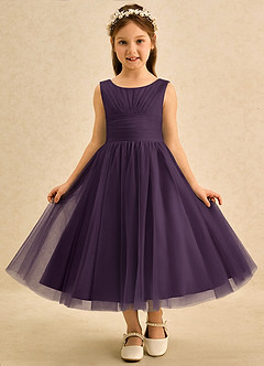 Azazie Macaron Flower Girl Dresses Plum A-Line Pleated Tulle Dress image3