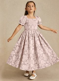 Azazie Joss Robe Demoiselle D'honneur Fillette Robe Trapèze en Blumen-Burnout avec manches Rose Pâle image3