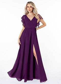 Azazie Zella Bridesmaid Dresses Grape A-Line Lace Chiffon Dress image1